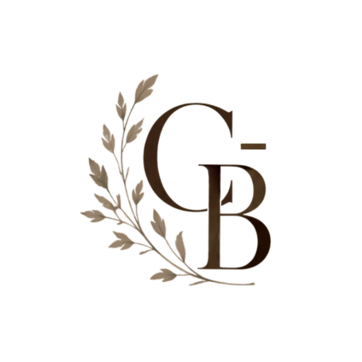 Final CB monogram favicon in brown tones with a botanical branch wrapped through the letters, on a white background
