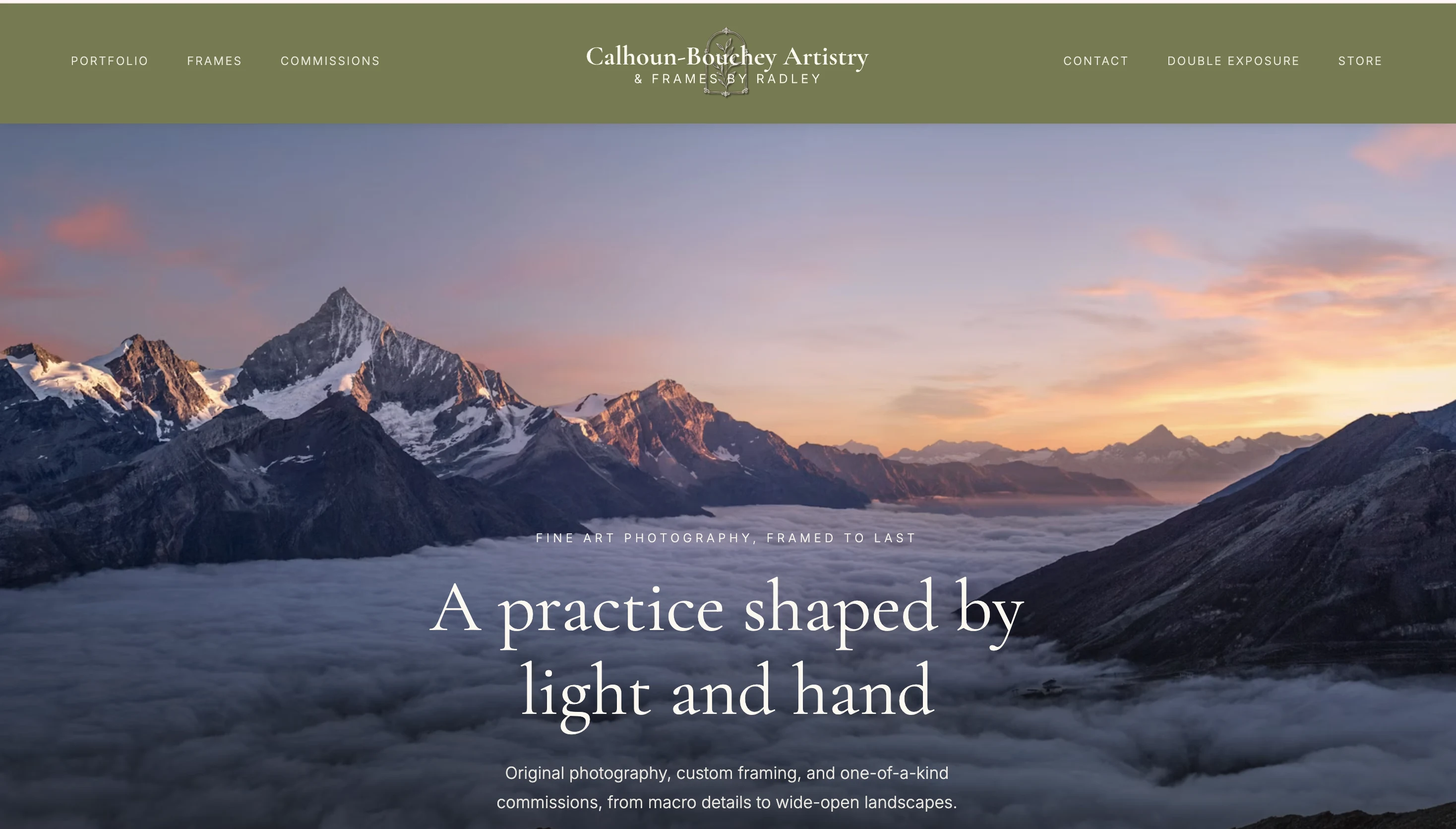 Screenshot of the live Calhoun-Bouchey Artistry & Frames homepage at lcbartistry.com, showing the site navigation and a full-width mountain sunset photograph with the headline 'A practice shaped by light and hand'