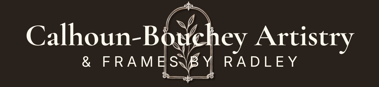 Final logo lockup for Calhoun-Bouchey Artistry & Frames by Radley: a serif wordmark with the framed botanical icon centered above the secondary line, shown on a dark brown background since the logo file itself is transparent and white