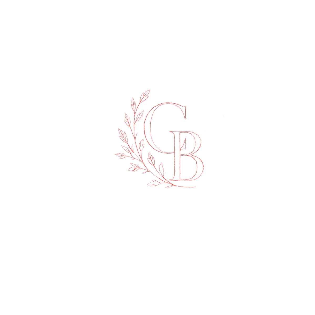 Procreate sketch of a CB monogram with a botanical branch woven through the letterforms