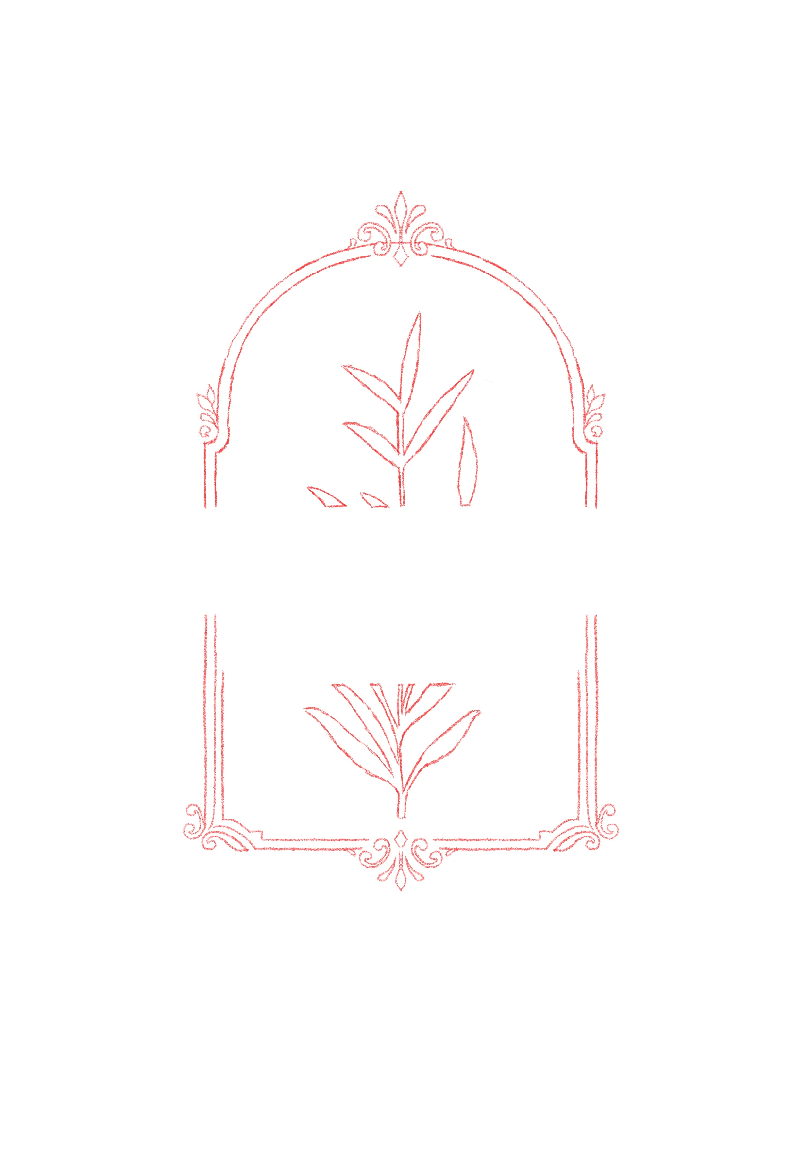 Refined Procreate sketch of the same framed botanical concept, now with an ornate arched frame with scrollwork and fleur-de-lis details