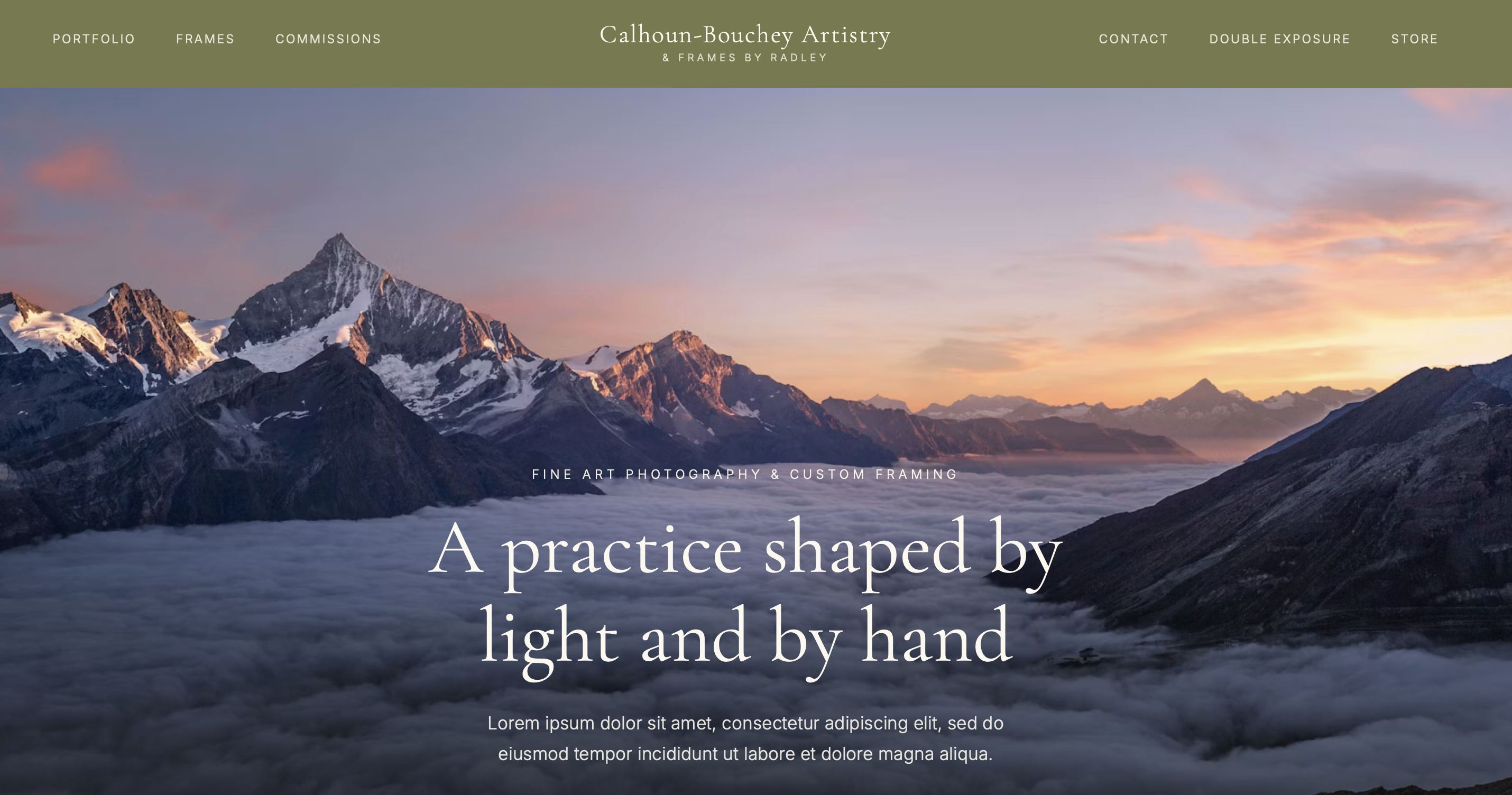 Final homepage design mockup for Calhoun-Bouchey Artistry & Frames by Radley, showing the site navigation, a full-width mountain sunset photograph, and a headline over the hero image.
